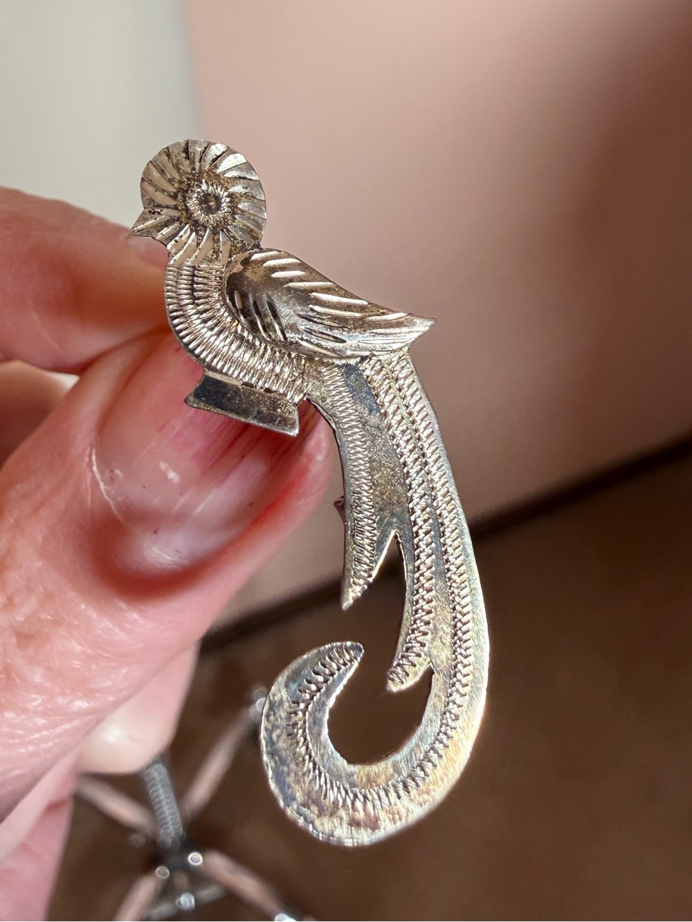 Antique Sterling silver Art deco Exotic bird brooch small